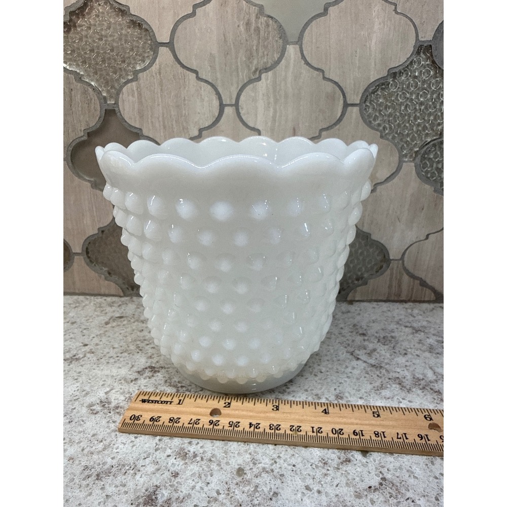 Vintage Fire-King Milk Glass Hobnail Planter Scalloped Rim White Anchor Hocking‎